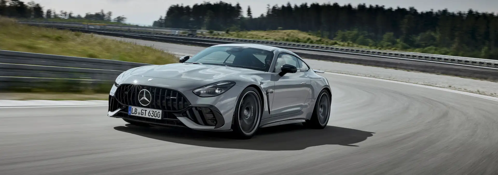 Mercedes AMG GT driving from the front in a bend
